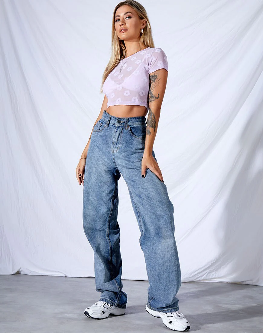 Tiney Crop Tee in Flieder Mesh Daisy White Flock - Image 3