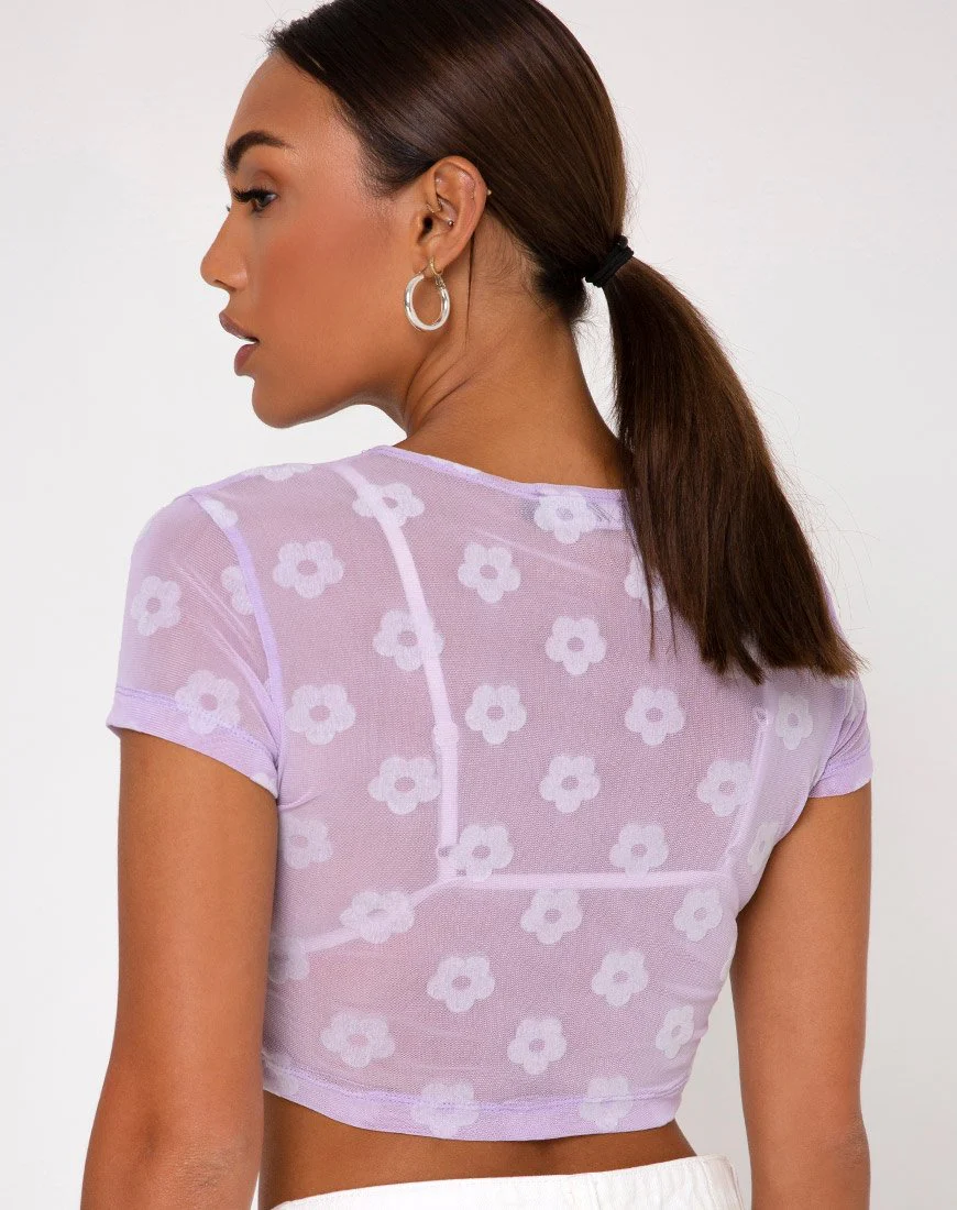 Tiney Crop Tee in Flieder Mesh Daisy White Flock - Image 5