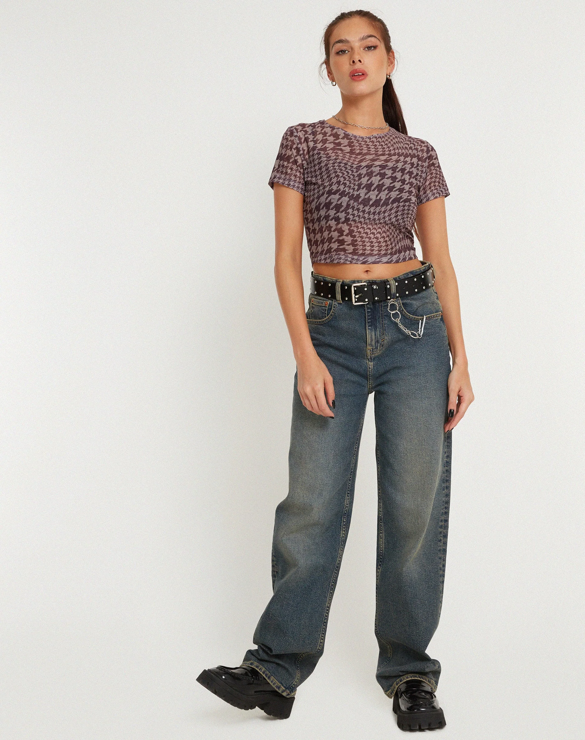Tonia Bedrucktes Netz-T-Shirt in Warped Houndstooth Braun - Image 5