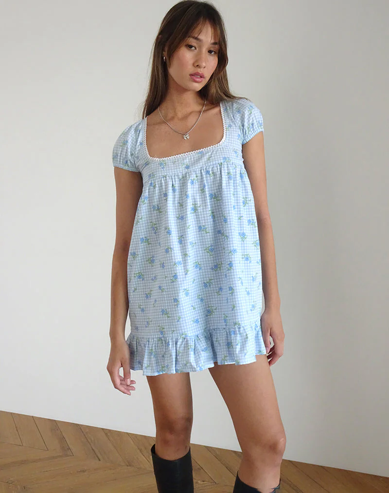 Blaues Minikleid mit Gingham-Blumenbesatz