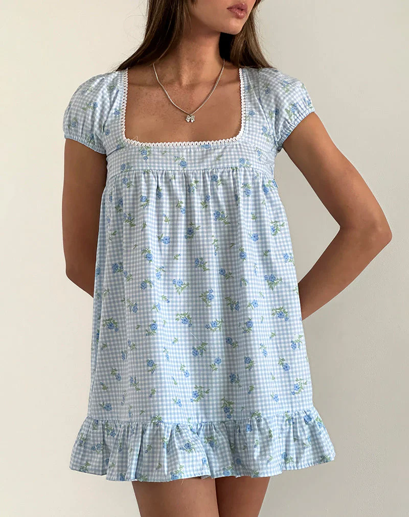 Blaues Minikleid mit Gingham-Blumenbesatz - Image 2