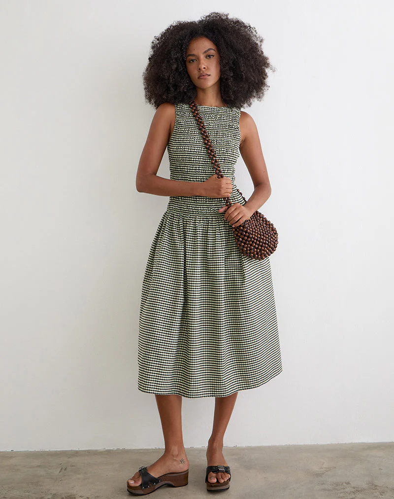Undine Midi Dress in Mini Gingham Dark Green