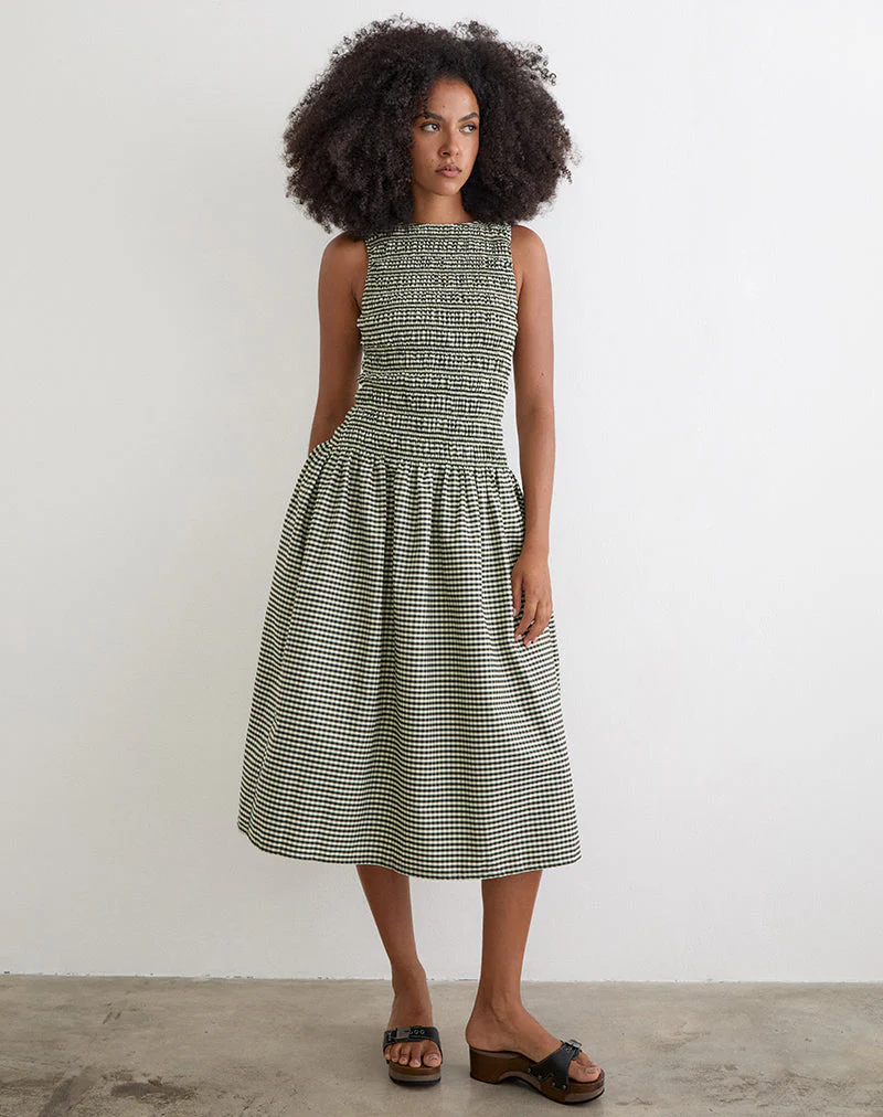 Undine Midi Dress in Mini Gingham Dark Green - Image 2