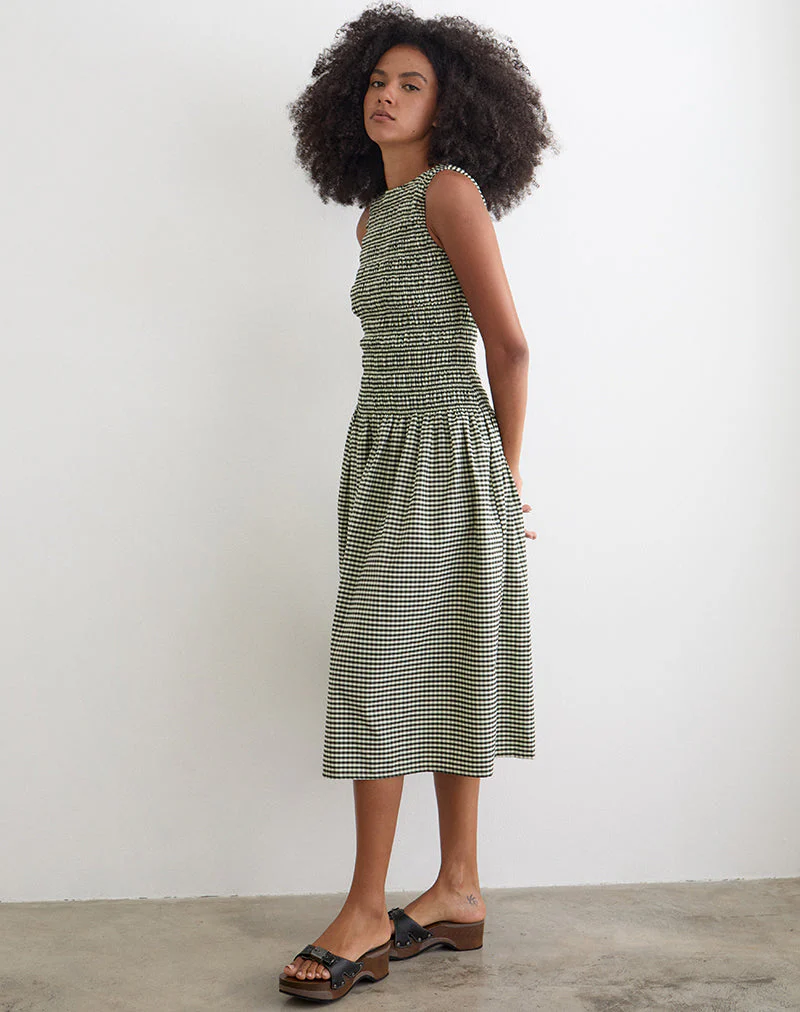 Undine Midi Dress in Mini Gingham Dark Green - Image 4