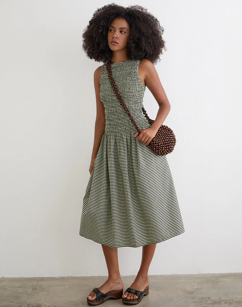 Undine Midi Dress in Mini Gingham Dark Green - Image 5