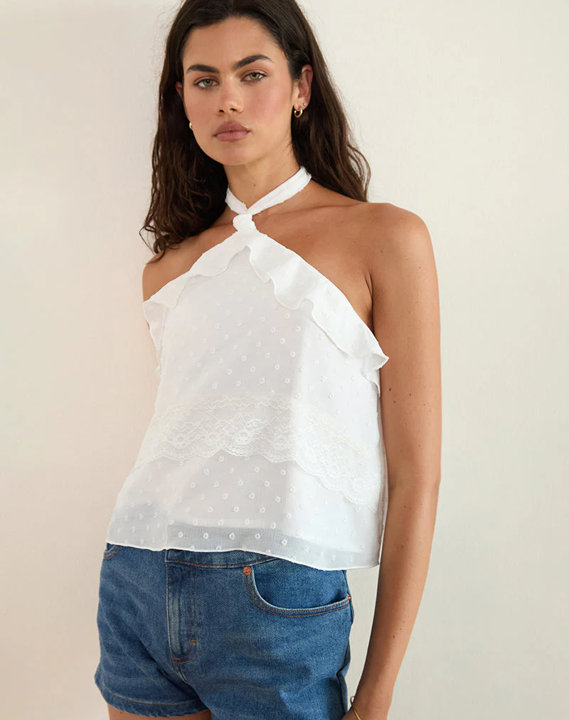Uran Neckholder-Top aus Dobby-Chiffon-Spitze Weiß - Image 2