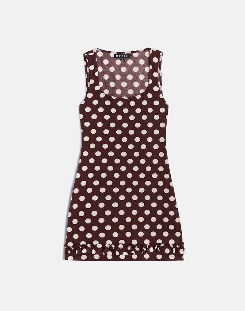 Vadora Rüschensaum-Minikleid in Braun mit großer Polka-Creme - Image 2