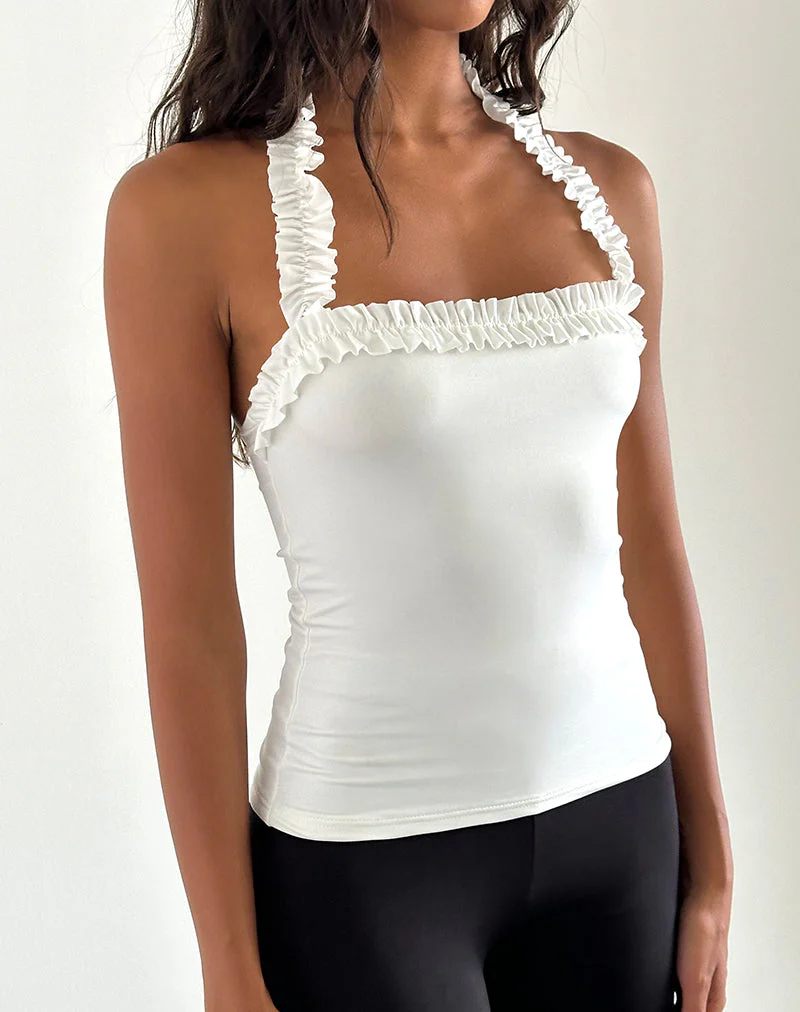 Veda gerüschtes Neckholder-Top in glattem Weiß