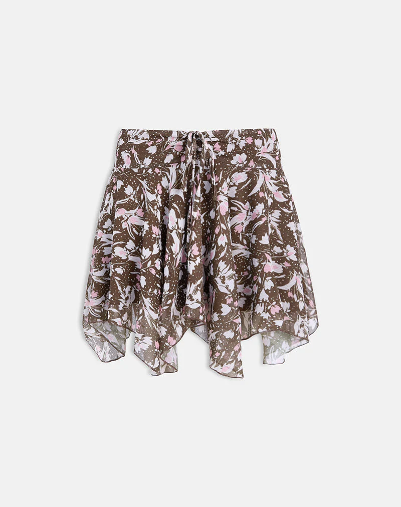 Veny Minirock aus braunem und rosa Polka-Blumen-Chiffon - Image 3