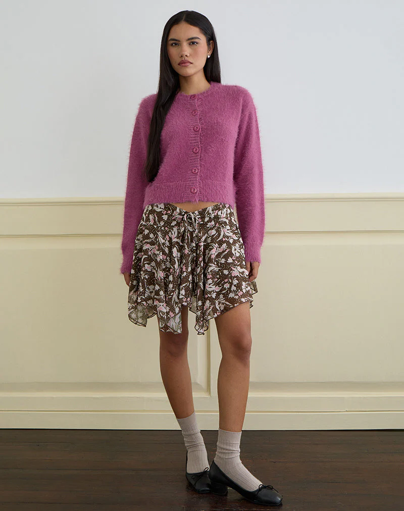Veny Minirock aus braunem und rosa Polka-Blumen-Chiffon - Image 4