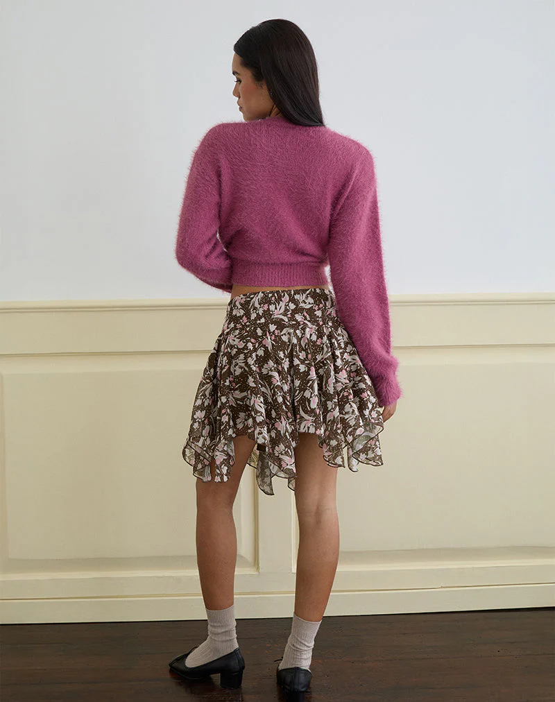 Veny Minirock aus braunem und rosa Polka-Blumen-Chiffon - Image 6