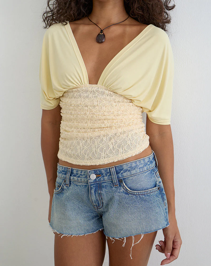 Vernia Plunge Batwing Top in Cupro Yellow with Lace Waist - Image 2
