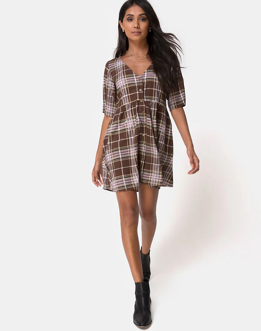 Verren Babydoll Kleid in Tartan Braun - Image 3