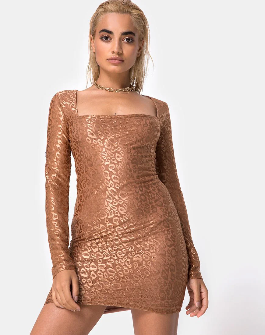 Vilan Bodycon-Kleid aus Leopardenglanz-Netz in Karamell