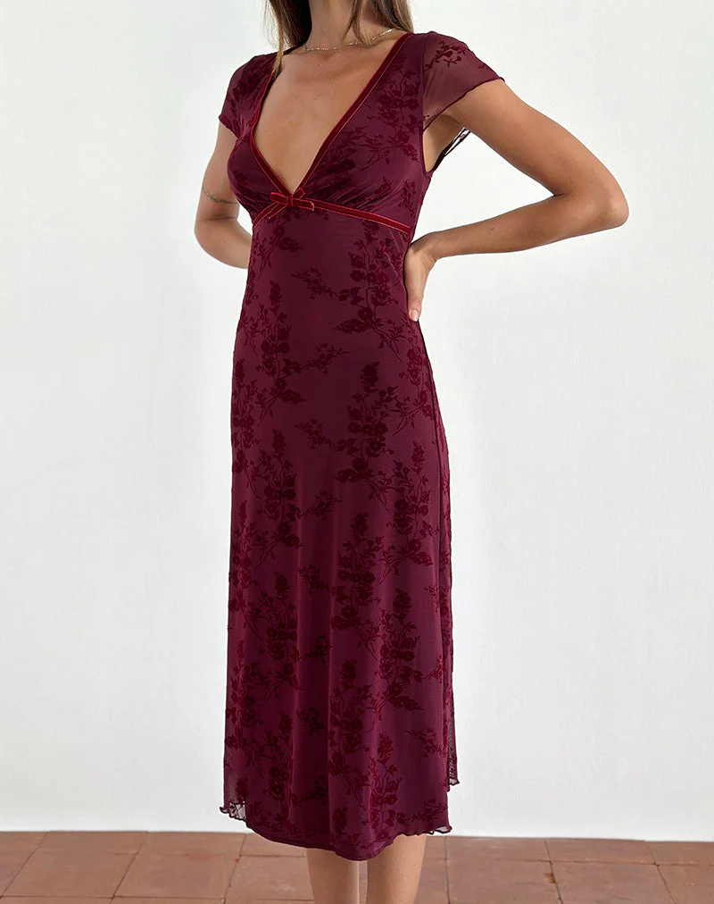 Vilinia Midikleid in Botanical Flower Maroon