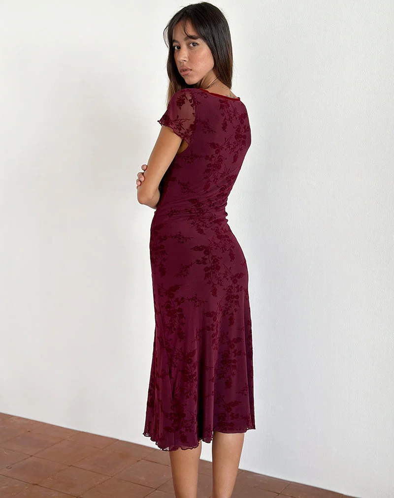 Vilinia Midikleid in Botanical Flower Maroon - Image 3