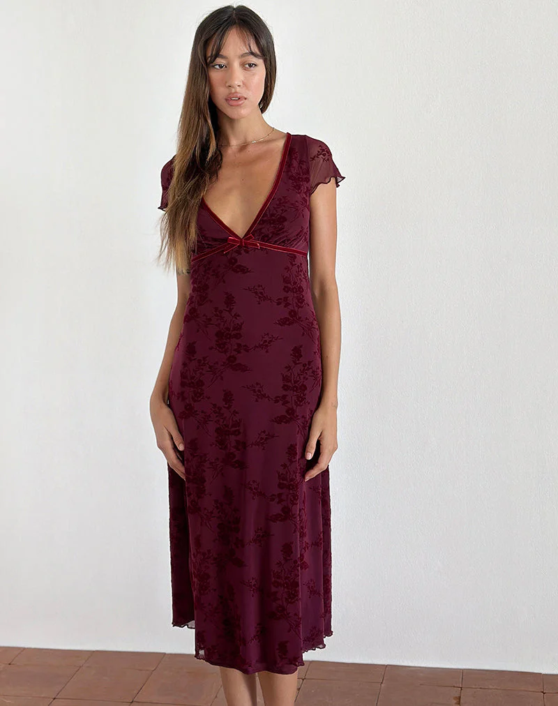 Vilinia Midikleid in Botanical Flower Maroon - Image 5