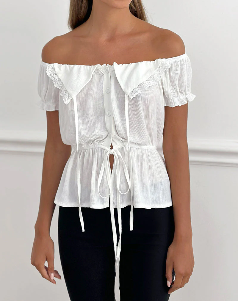 Wujala Bardot Tie Waist Top in Rayon White - Image 3