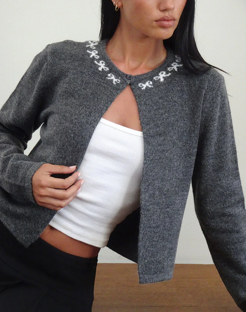 Wunara Strickjacke in Grau mit elfenbeinfarbenen Schleifen - Image 2