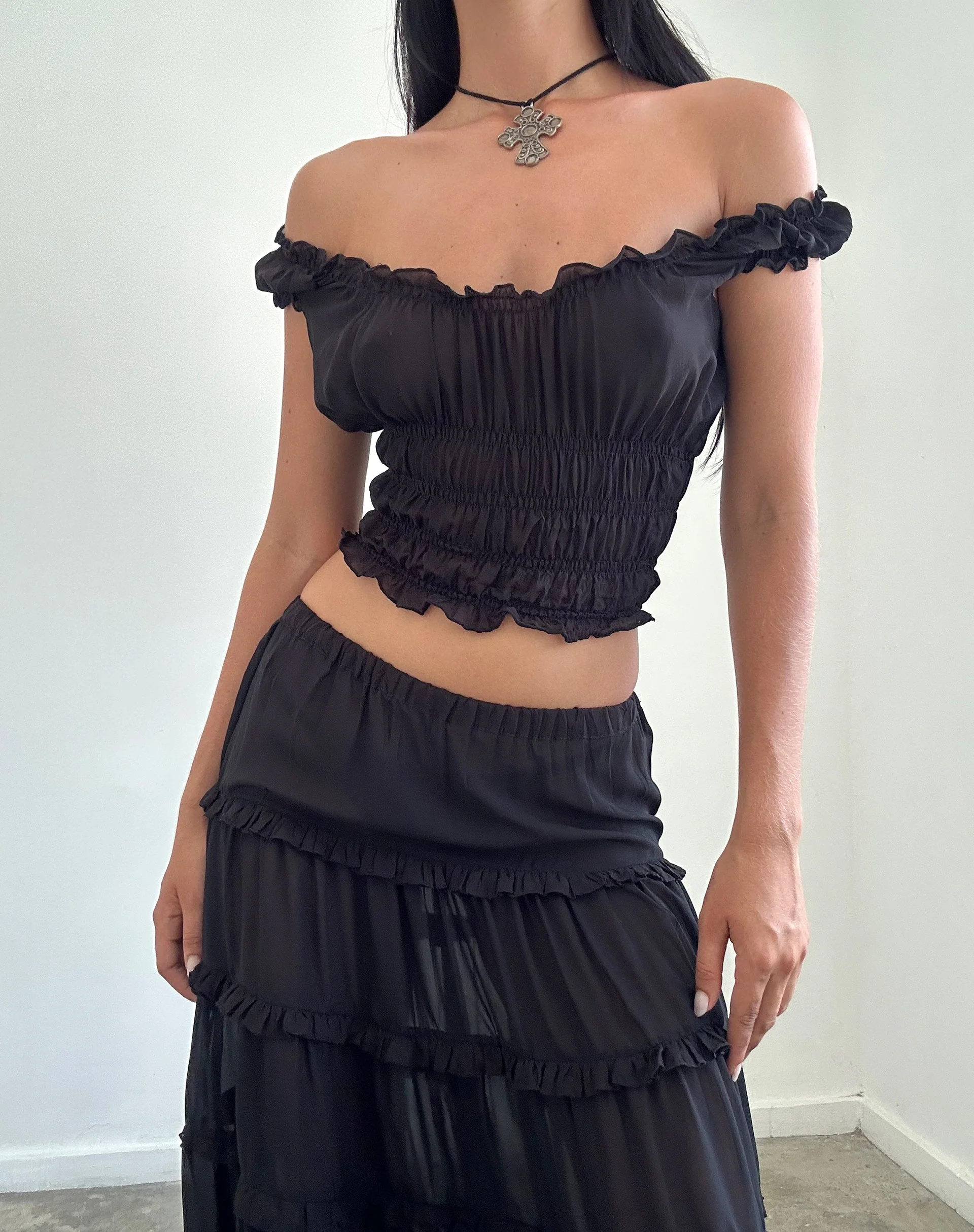 Xavi Gerafftes Bardot-Top aus Chiffon Schwarz
