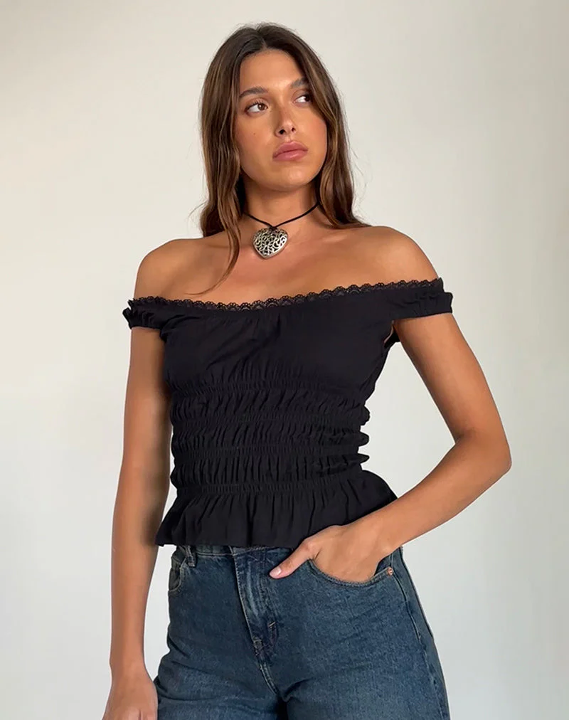 Xavinia Gerafftes Bardot-Top aus schwarzer Popeline