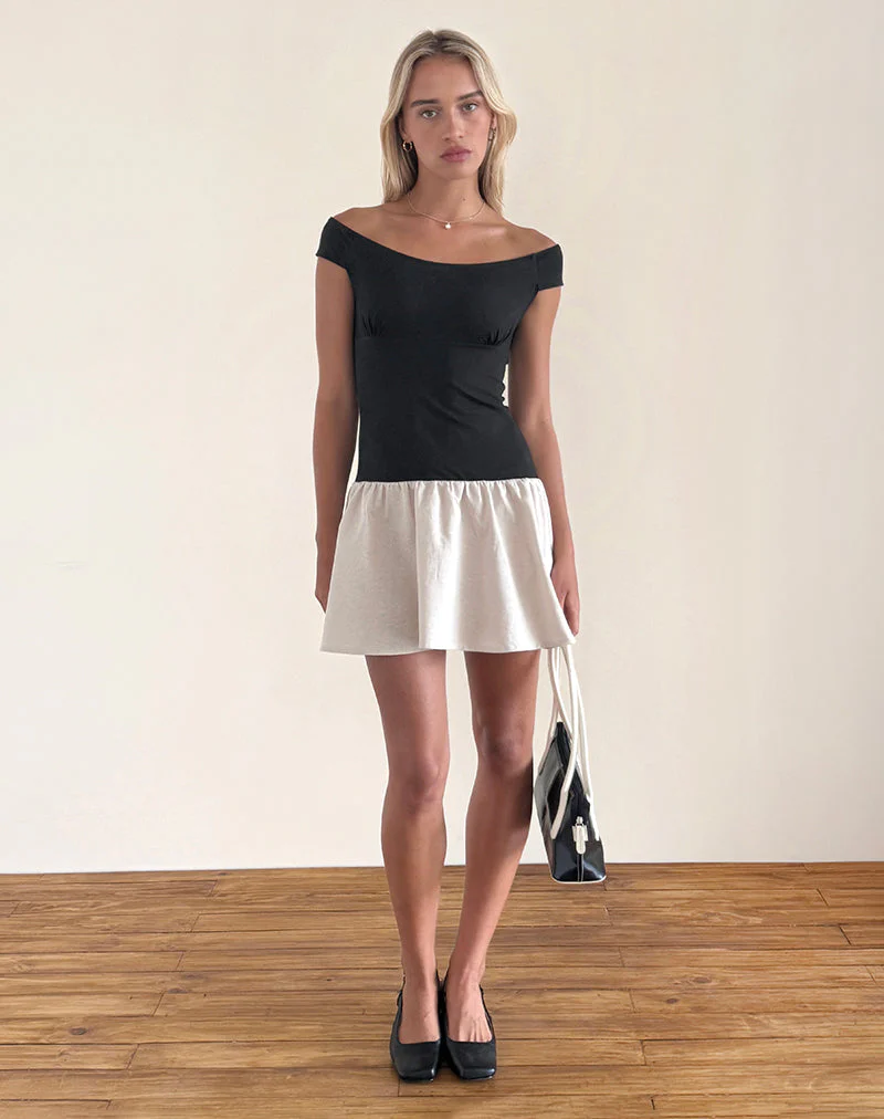 Yael Minikleid aus Lycra-Leinen Schwarz und Ecru - Image 4