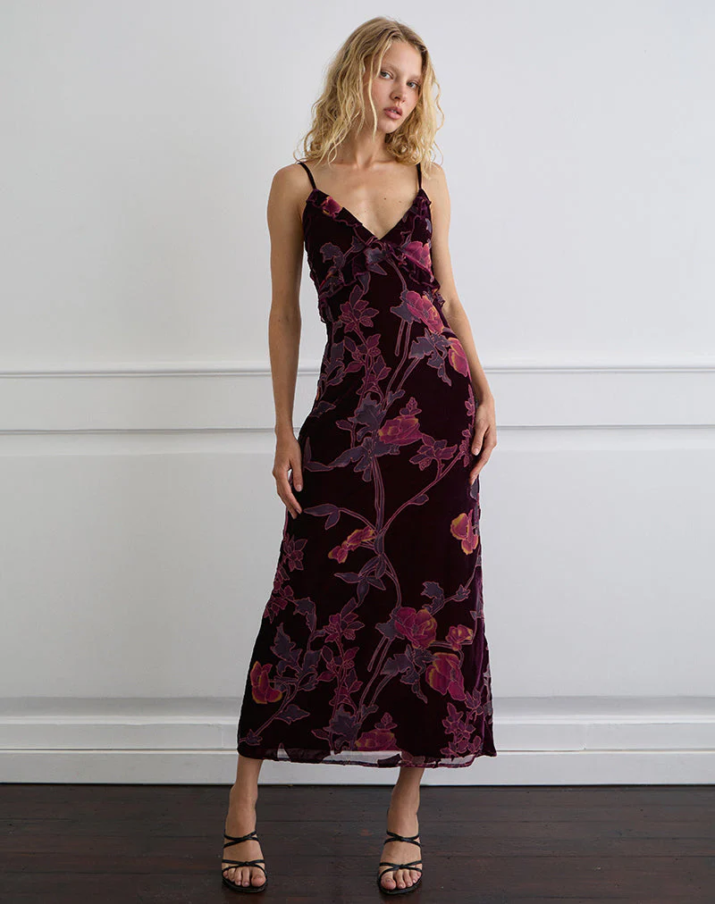 Yamira Maxikleid in Floral Devore Burgundy
