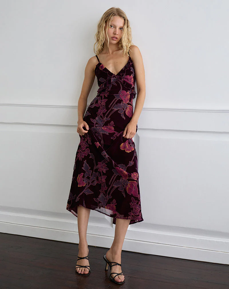 Yamira Maxikleid in Floral Devore Burgundy - Image 4