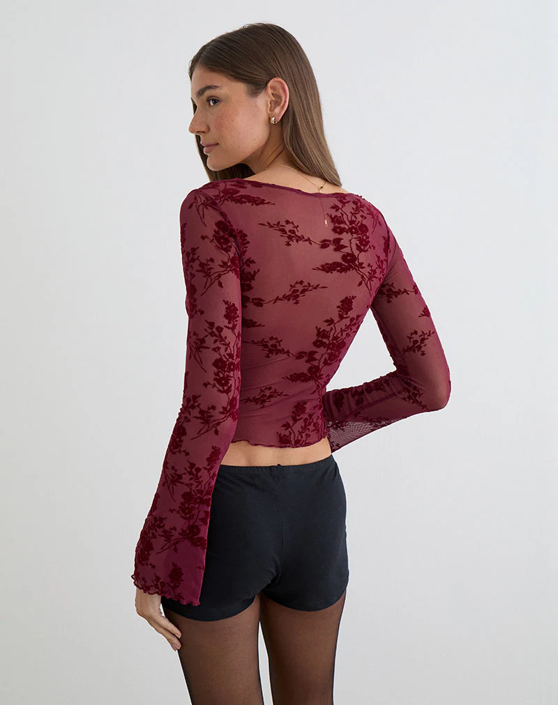 Yamuna Top in Flocked Botanical Flower Maroon - Image 4