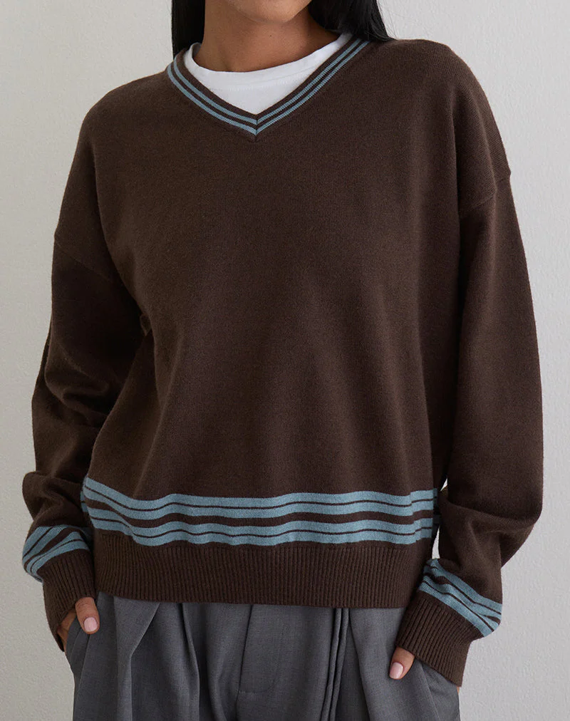 Yarnia Slouchy Pullover mit V-Ausschnitt in Braun und Blau - Image 3