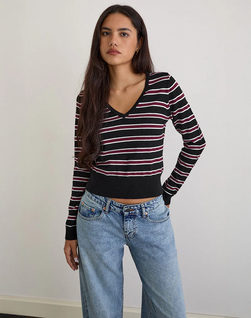 Yasra Pullover aus Streifenstrick Schwarz-Burgund