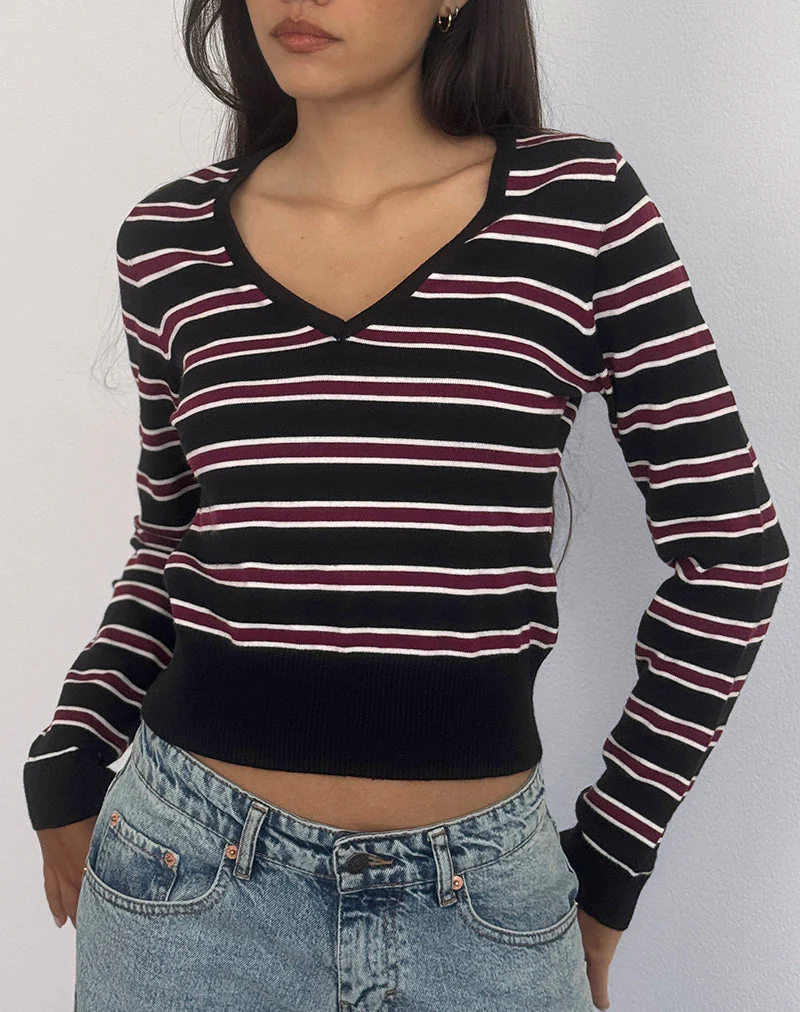 Yasra Pullover aus Streifenstrick Schwarz-Burgund - Image 3