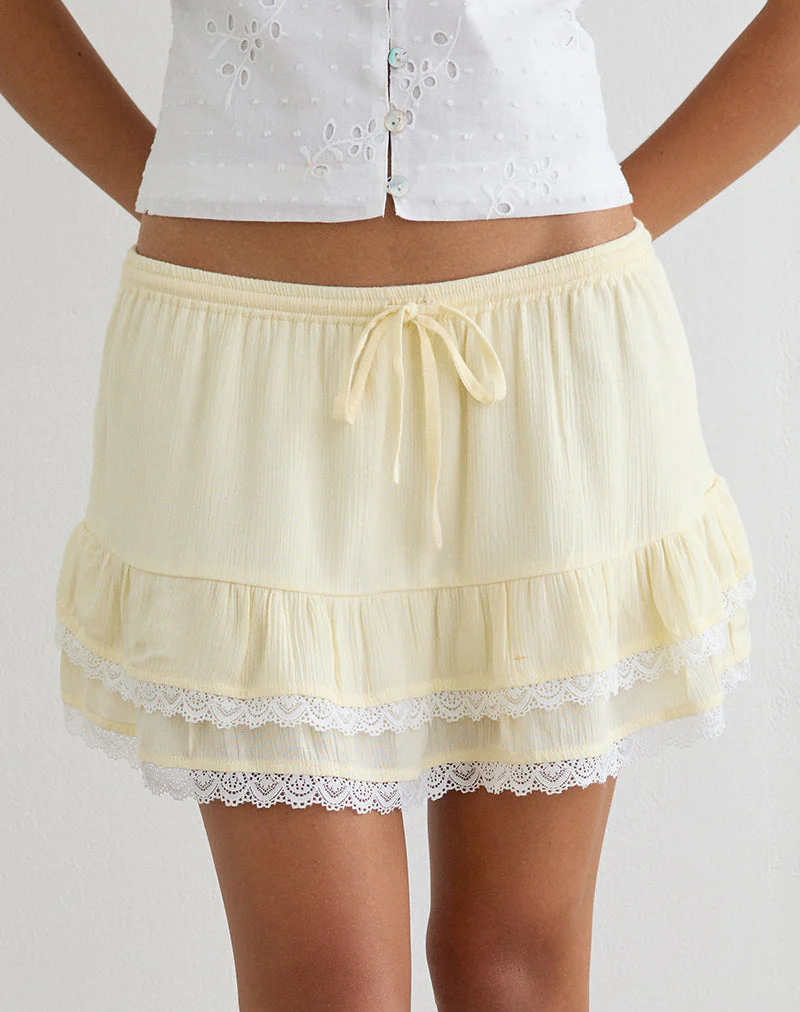 Yasu Ruffle Hem Mini Skirt in Crinkle Butter Yellow - Image 2