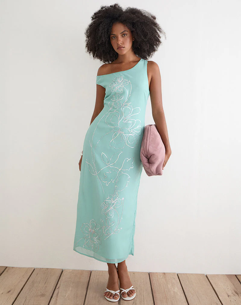 Yelsa Maxi Dress in Chiffon Floral Sequin Turquoise