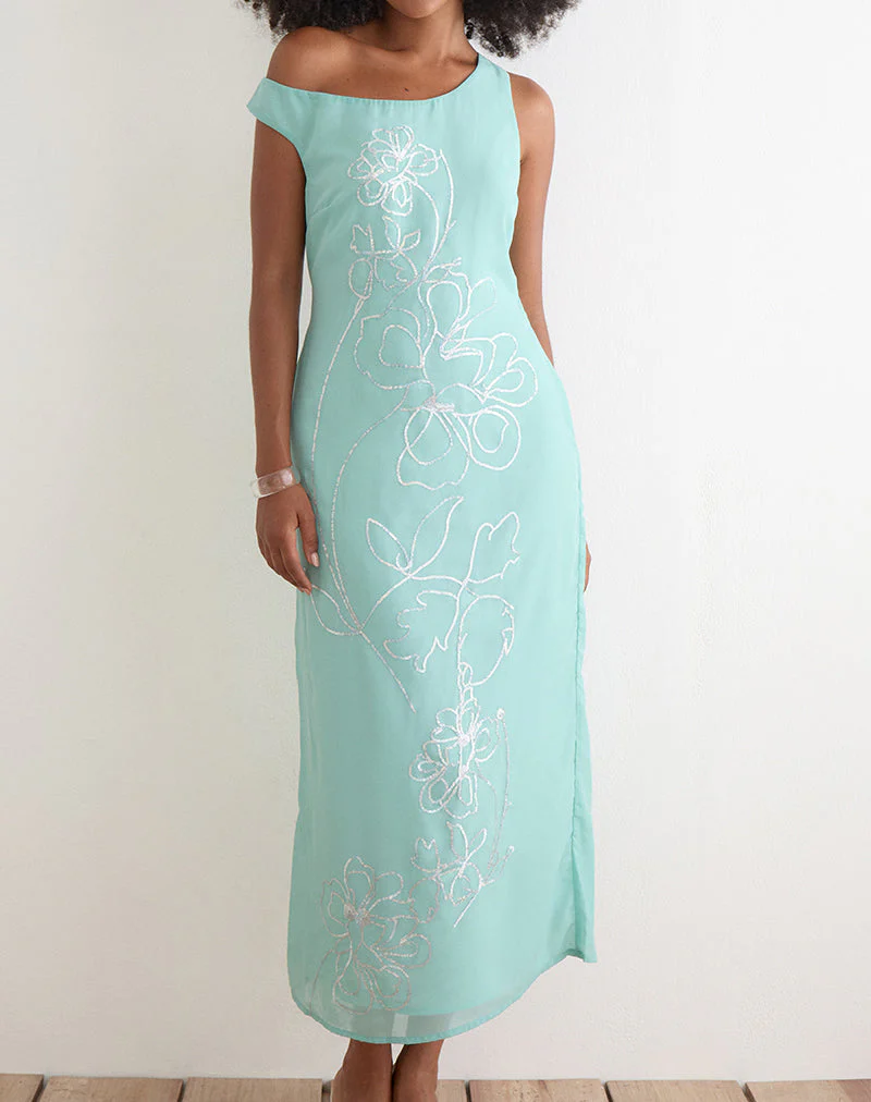 Yelsa Maxi Dress in Chiffon Floral Sequin Turquoise - Image 2