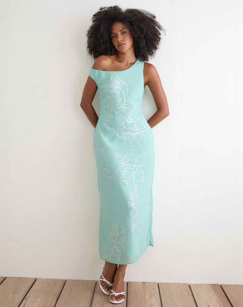 Yelsa Maxi Dress in Chiffon Floral Sequin Turquoise - Image 4