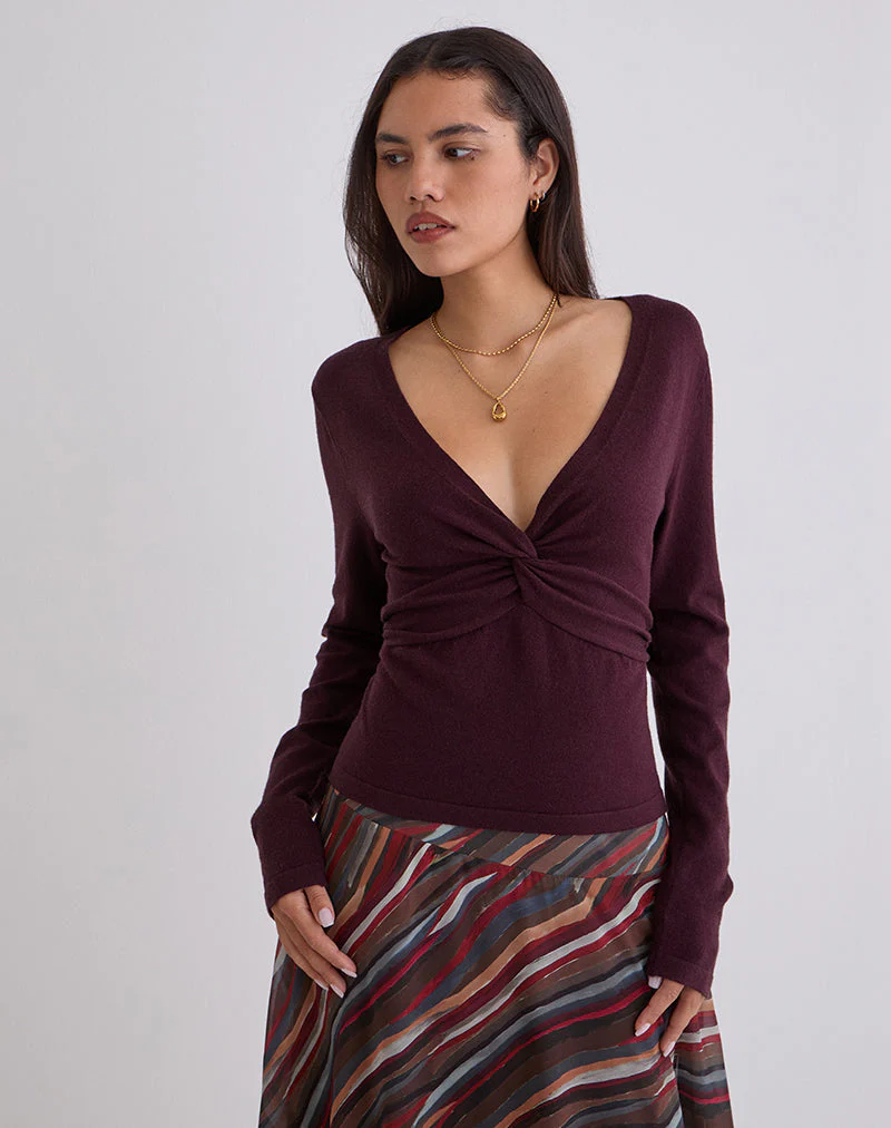 Yenari Langarm-Twist-Top aus Strick in Pflaume