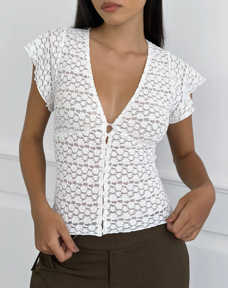 Yeslin V-Ausschnitt-Bluse mit Knöpfen aus weißer Spitze
