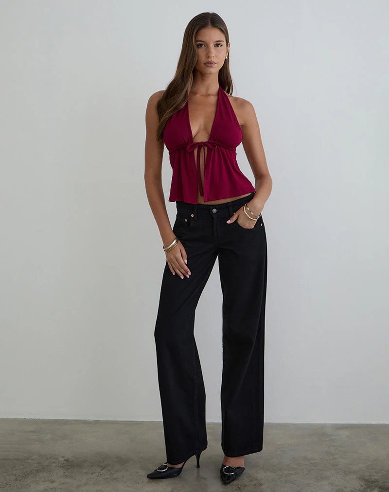 Ylva Neckholder-Top mit Schleife vorne aus Rayon-Jersey in Burgunderrot - Image 3