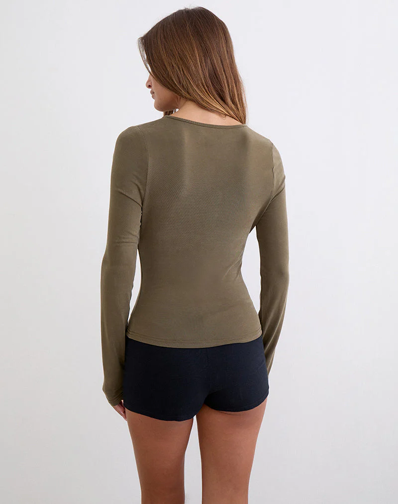 Yubin Keyhole Long Sleeve Top in Cupro Khaki - Image 5