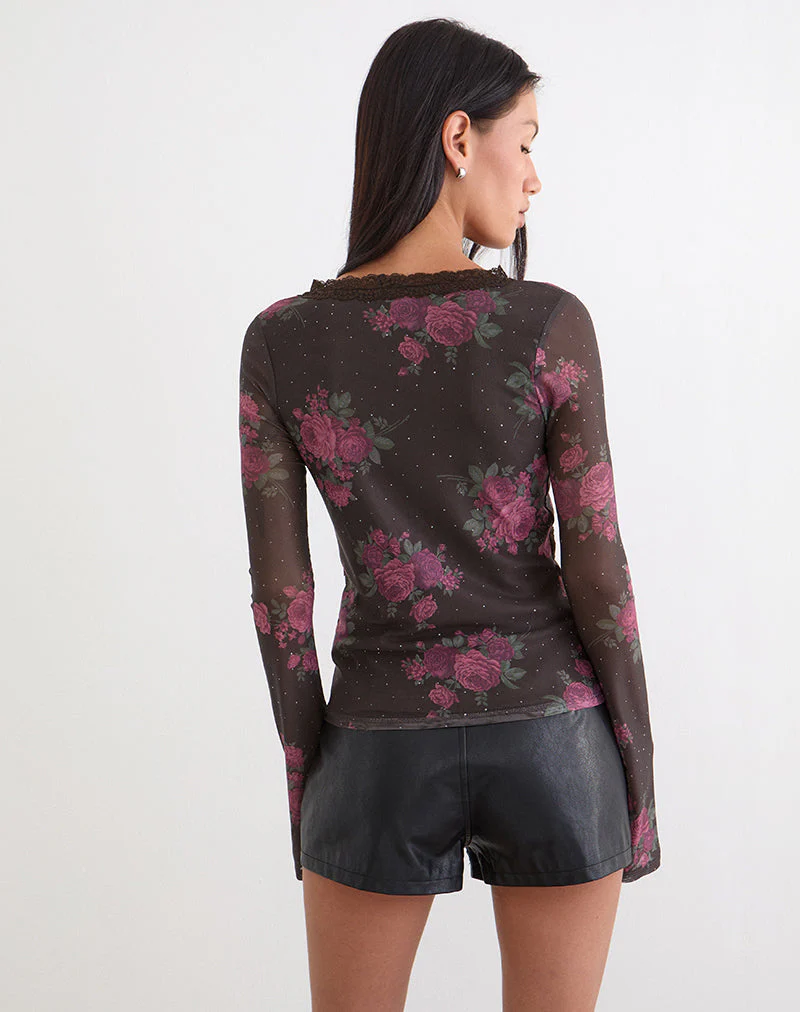 Yudo Top in Braun mit rosa Polka-Dots und Rosenprint - Image 10