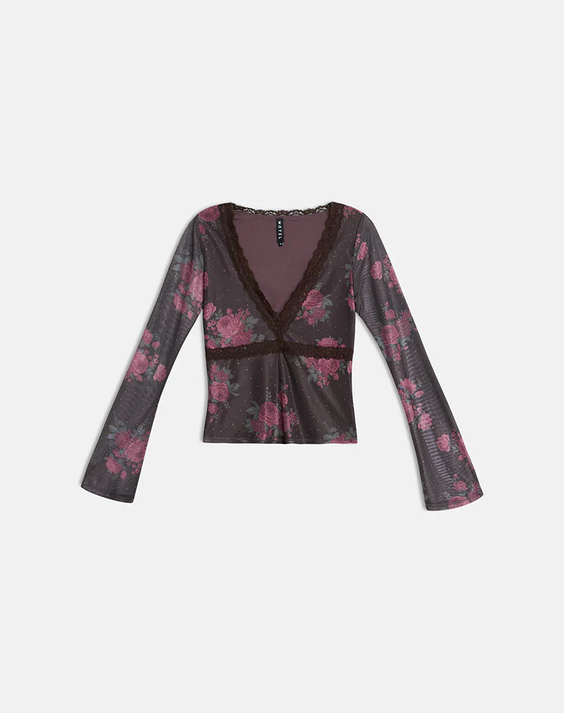 Yudo Top in Braun mit rosa Polka-Dots und Rosenprint - Image 14
