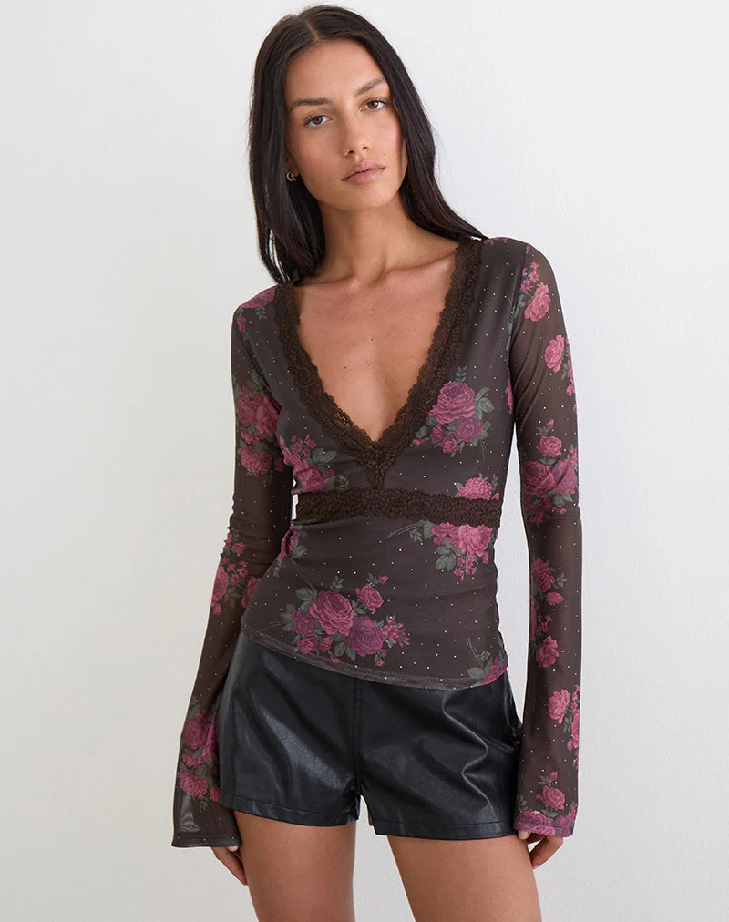 Yudo Top in Braun mit rosa Polka-Dots und Rosenprint - Image 5