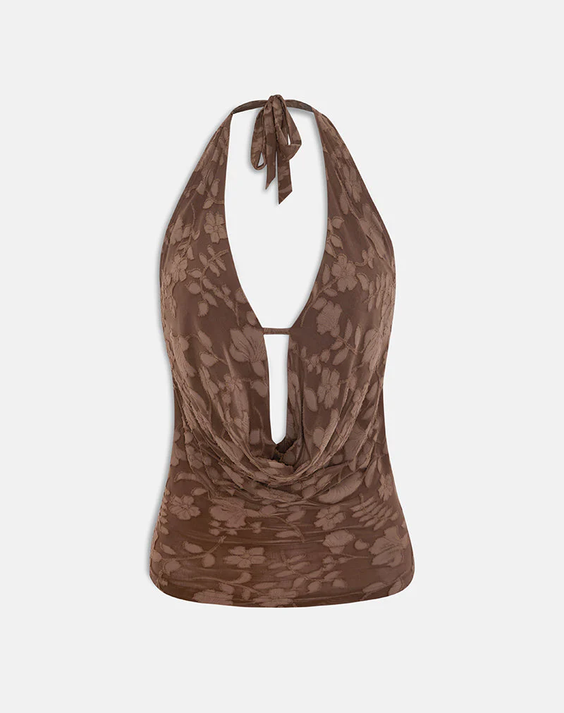 Yukari Plunge Top aus braunem Burnout-Netzstoff - Image 6