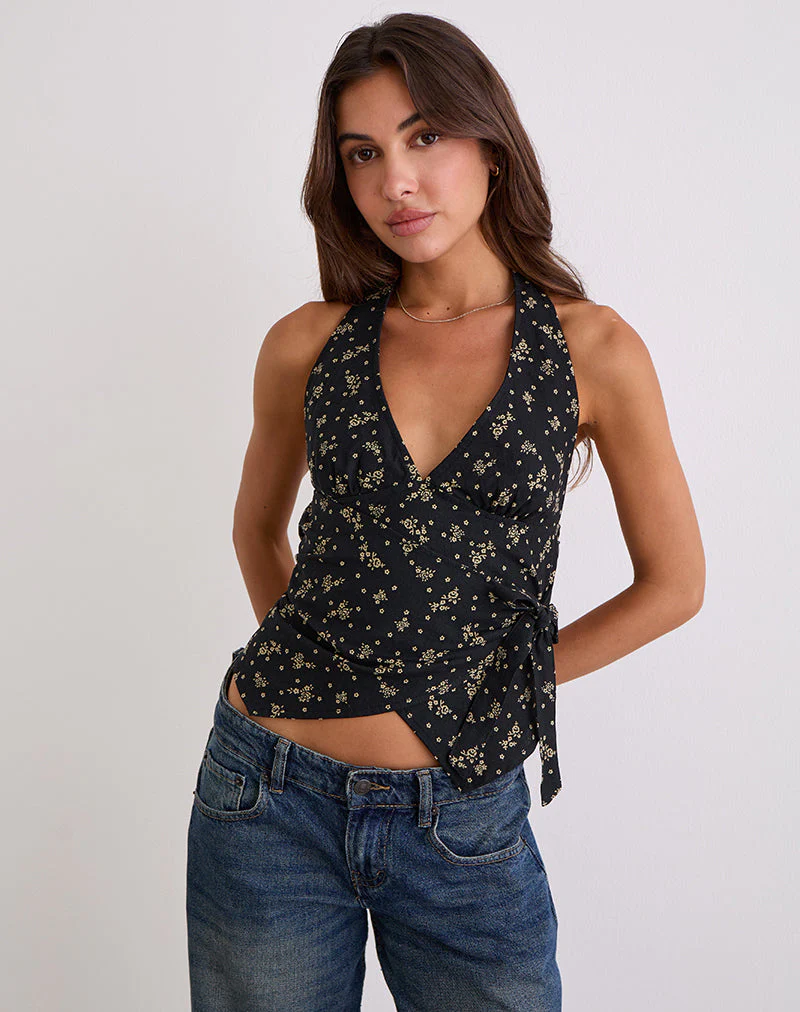 Yung Neckholder-Wickeltop aus Floral Land Schwarz - Image 5