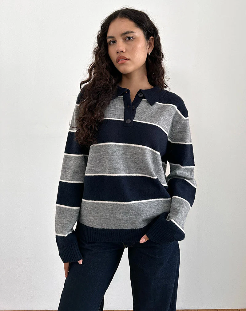 Yusnada Übergroßer Rugby-Pullover in Marineblau und Grau gestreift