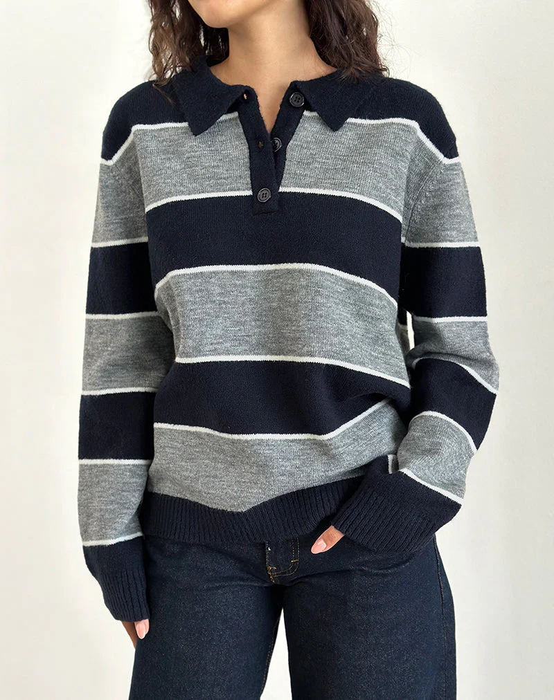 Yusnada Übergroßer Rugby-Pullover in Marineblau und Grau gestreift - Image 3
