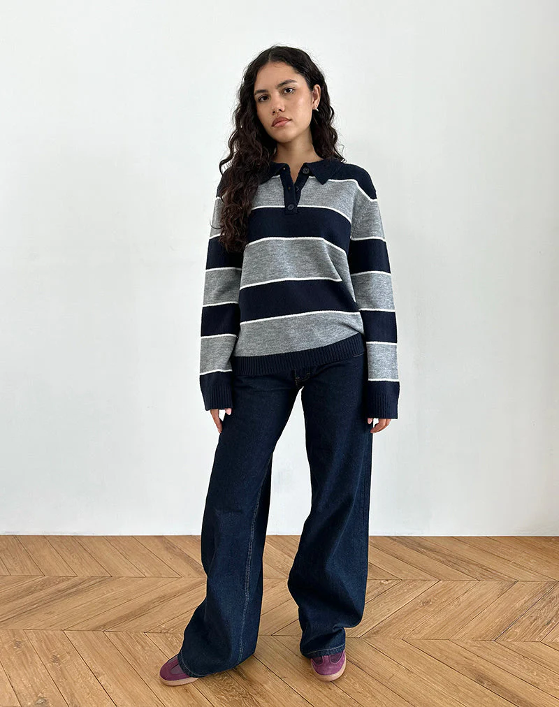 Yusnada Übergroßer Rugby-Pullover in Marineblau und Grau gestreift - Image 4