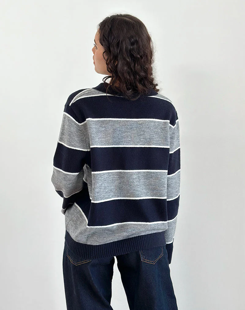 Yusnada Übergroßer Rugby-Pullover in Marineblau und Grau gestreift - Image 5