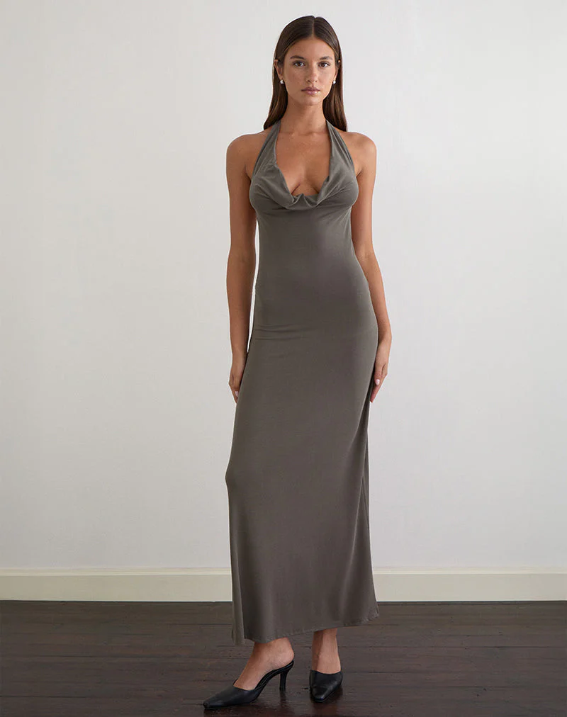 Zarya Maxikleid aus Cupro in Grau-Khaki - Image 3
